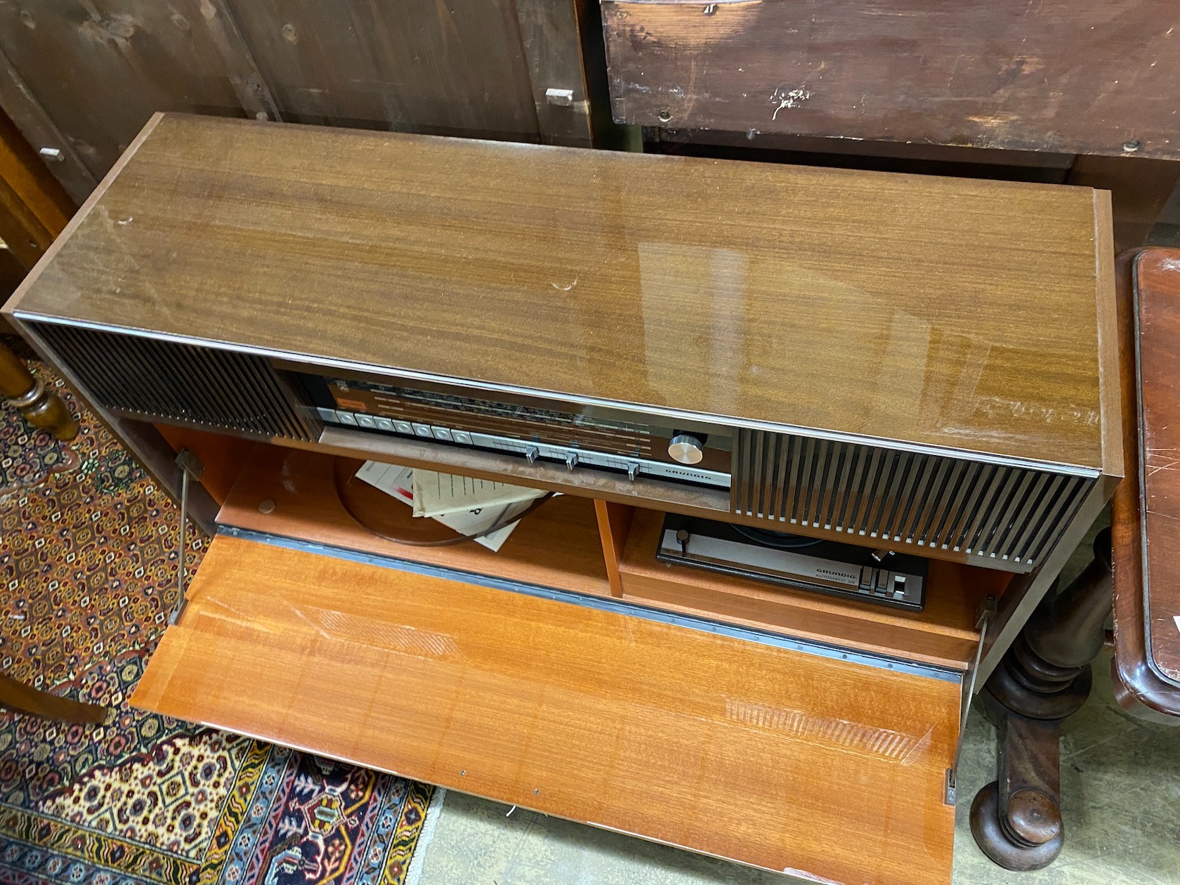 A mid century Grundig Mandello stereogram, length 118cm, depth 36cm, height 78cm